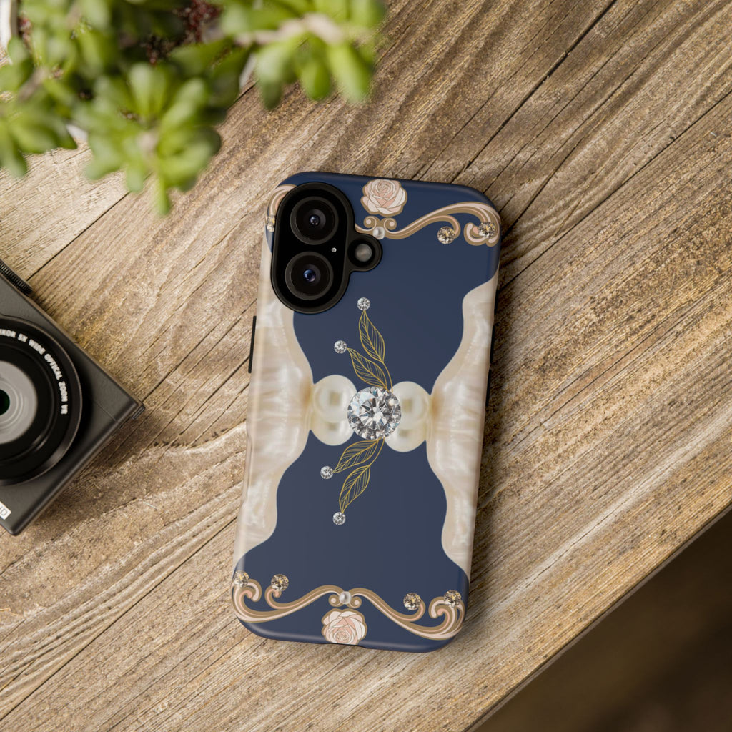 Navy Pearl & Diamond Phone Case — Elegant Floral Baroque Tough Case