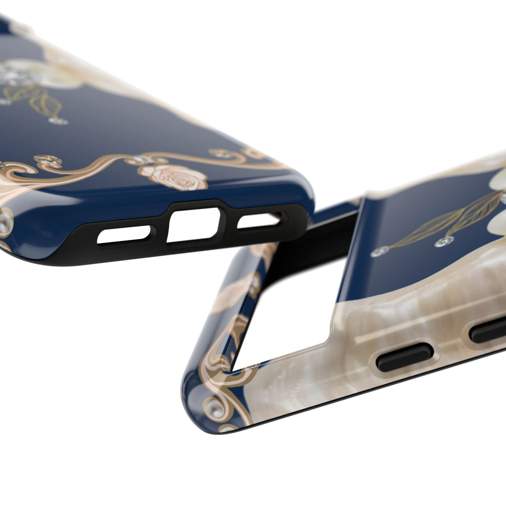 Navy Pearl & Diamond Phone Case — Elegant Floral Baroque Tough Case
