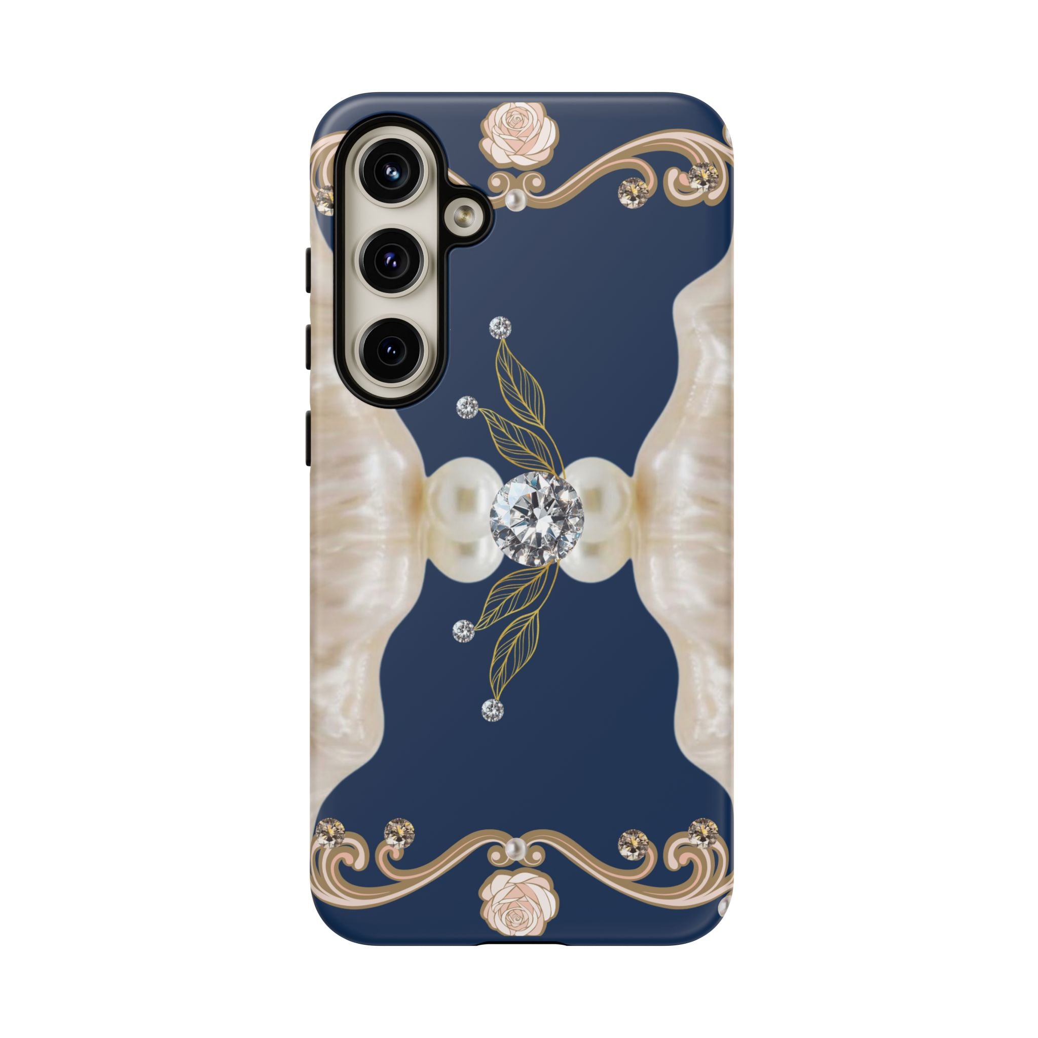 Navy Pearl & Diamond Phone Case — Elegant Floral Baroque Tough Case