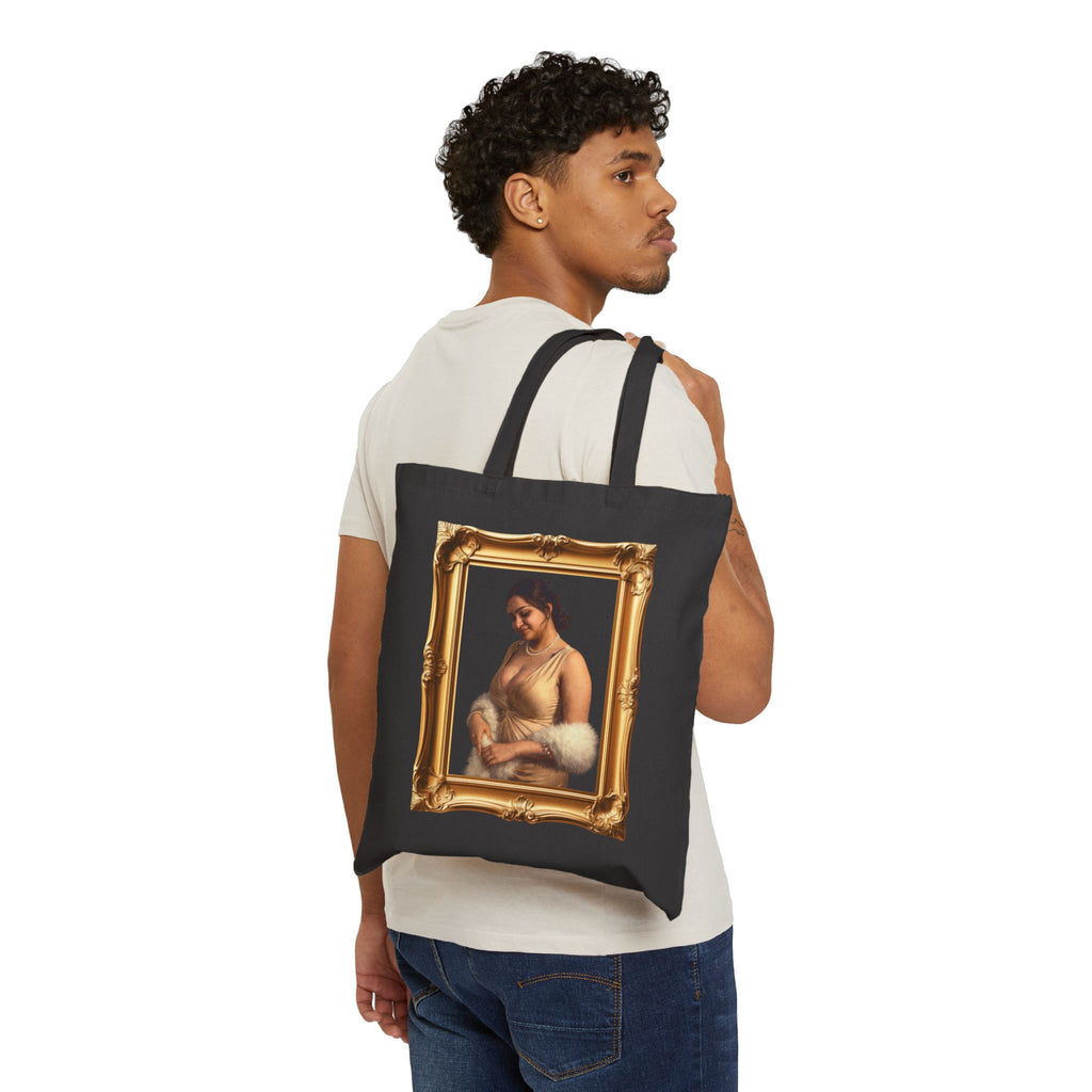 Art Frame Tote Bag — Vintage Portrait Canvas Tote with “Love, Dua Lipa” Script