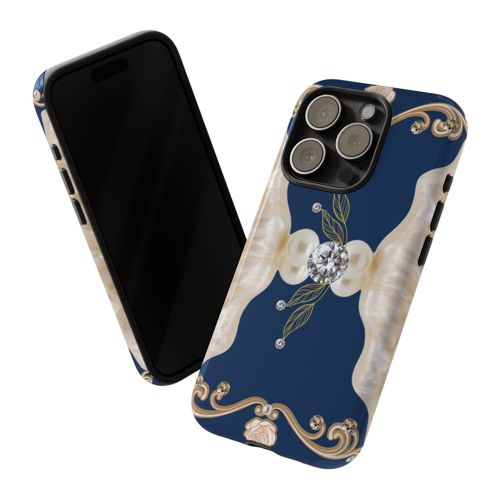 Navy Pearl & Diamond Phone Case — Elegant Floral Baroque Tough Case