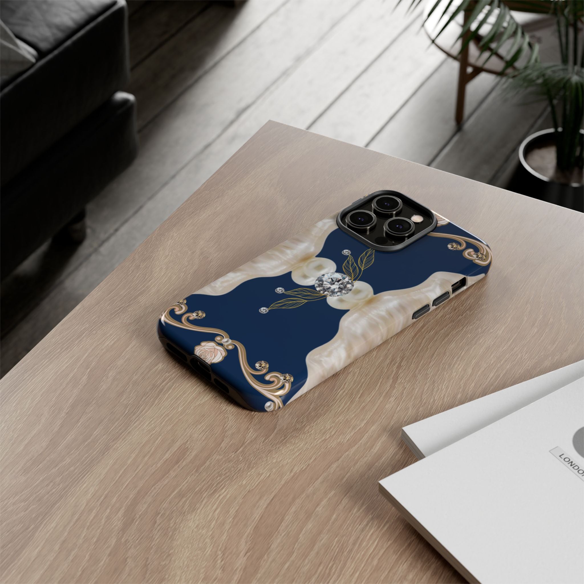 Navy Pearl & Diamond Phone Case — Elegant Floral Baroque Tough Case