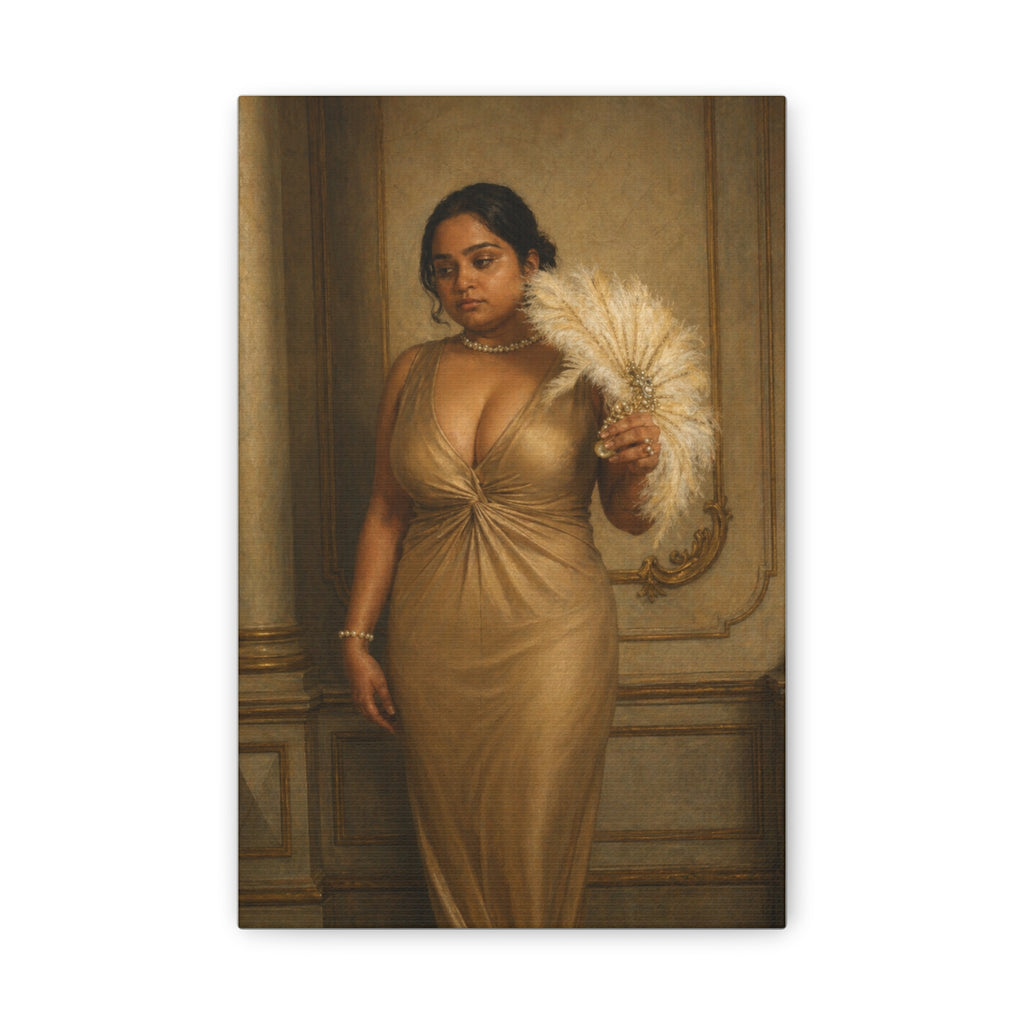 Classic Canvas Portrait Art Print — Elegant Woman in Gold Gown