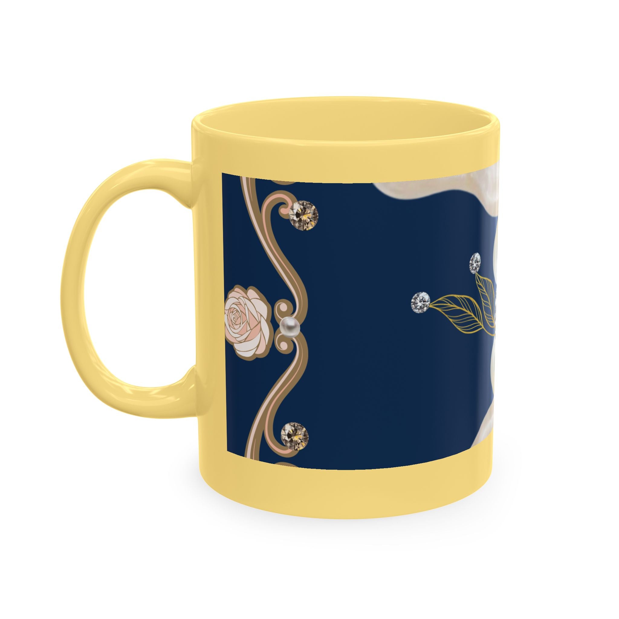 Pearl & Diamond Navy Ceramic Mug — Elegant Vintage Jewelry Design