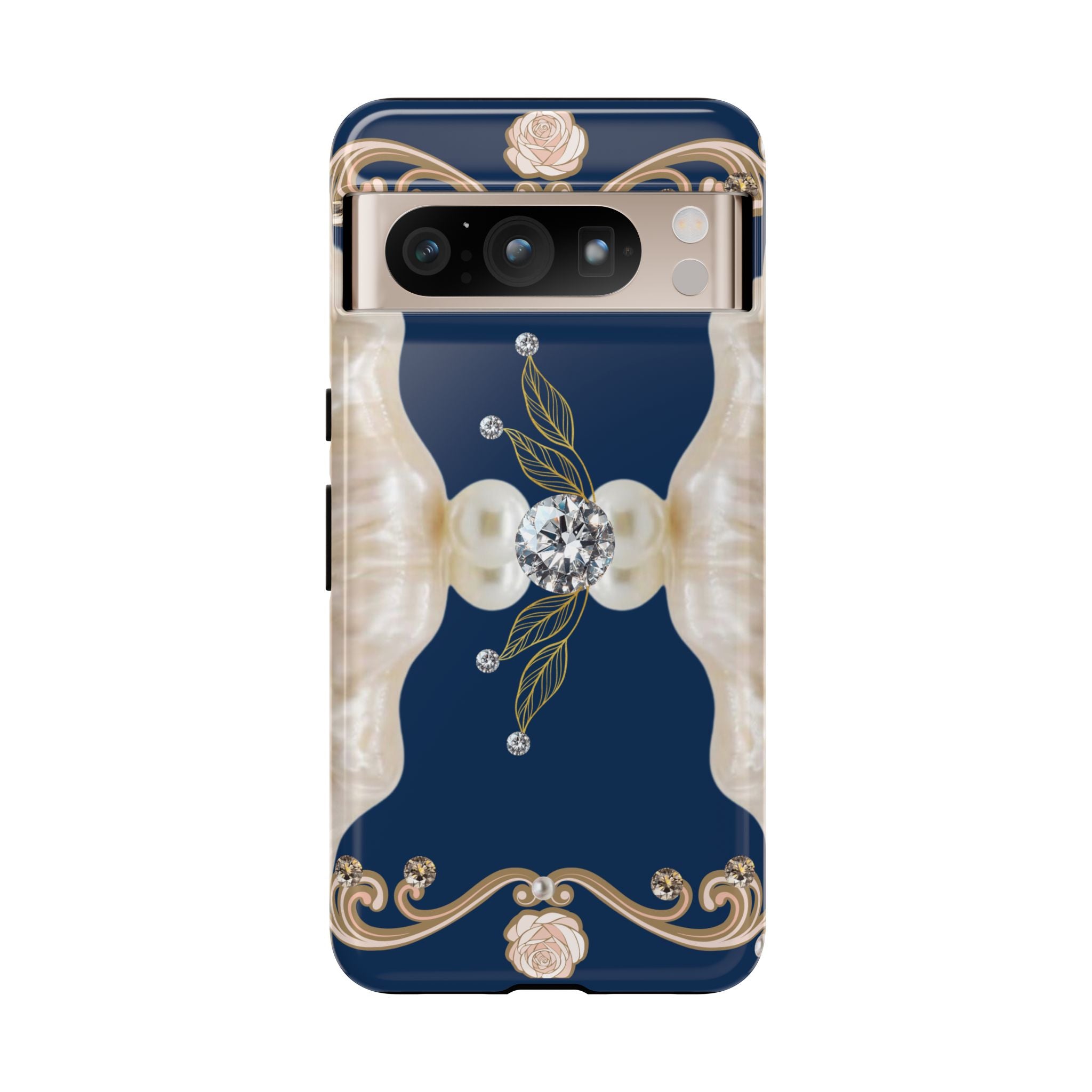 Navy Pearl & Diamond Phone Case — Elegant Floral Baroque Tough Case