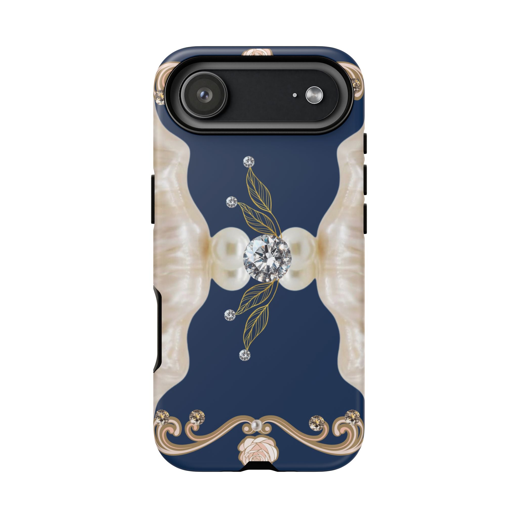 Navy Pearl & Diamond Phone Case — Elegant Floral Baroque Tough Case