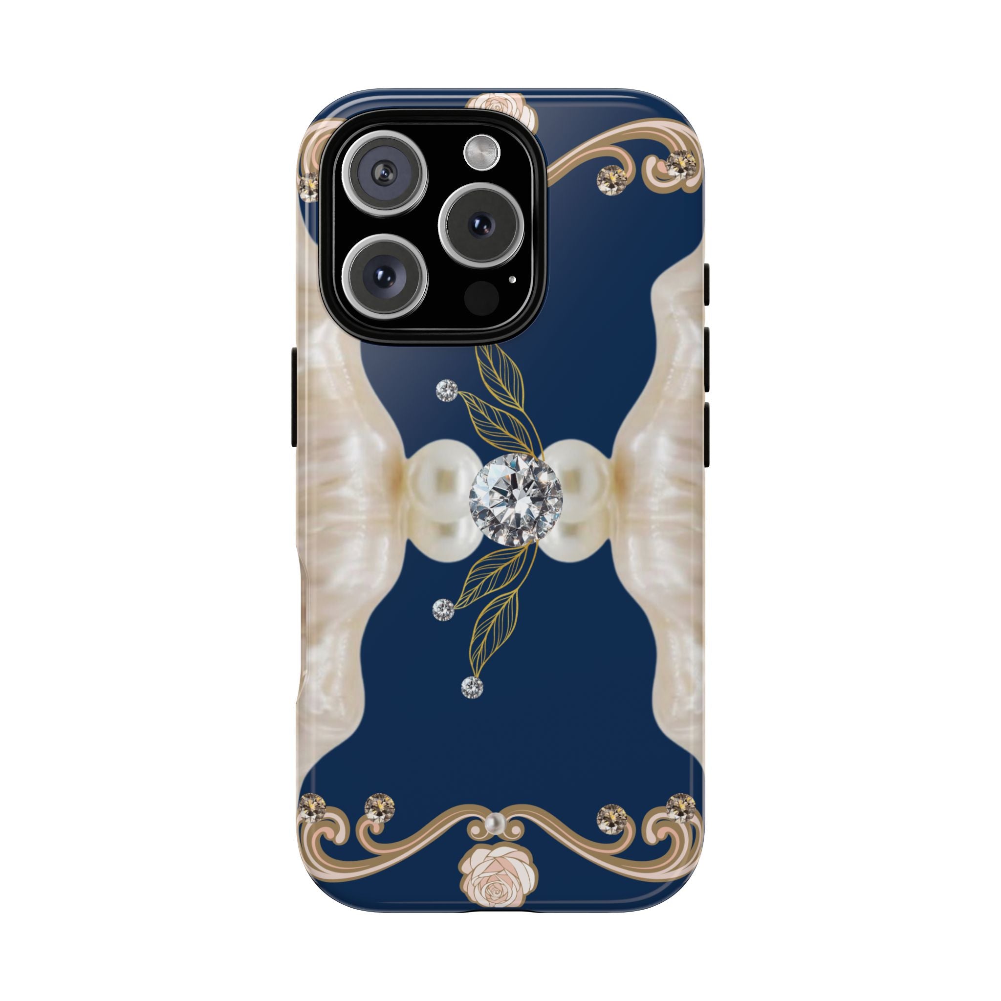 Navy Pearl & Diamond Phone Case — Elegant Floral Baroque Tough Case